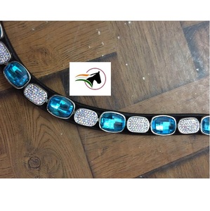 Trainer Choice Luxury Trendy Equestrian Horse Brow Band en azul con cristales pequeños blancos Back Open Sticky Tape Loop - Product Image 6
