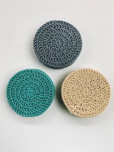 Knitted Round <b>Coaster</b> With <b>Cork</b> Base Teal Color Reusable Home Use Simple Style - Product Image 2