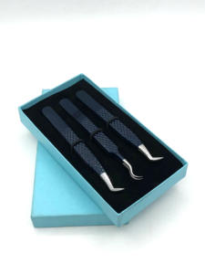 Wholesale Double Curved Dark Blue Powder Coating Boot Volume Diamond Grip Eyelash Extension Tweezers Custom Logo Beauty Tools - Product Image 4