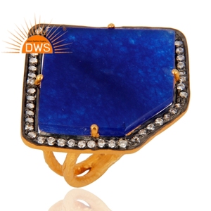 Bague en argent sterling plaqué or avec pierre précieuse aventurine bleue sertie à griffes, faite à la main, style indien, vente en gros de bijoux - Product Image 2