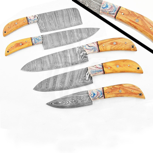 Damascus <b>Knife</b> 05 Pcs Chef <b>Knife</b> 1095 and 15N20 <b>Set</b> Material - Product Image 1