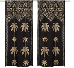 Noir et or belle feuille imprimé 100% coton tringle à rideau poche gauche et droite Biparting ouvert 90x100 pouces rideaux de maison - Product Image 1