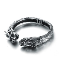 Bijoux en argent antique de style punk vintage pour hommes bracelet ouvert en acier inoxydable bracelet manchette double tête de dragon