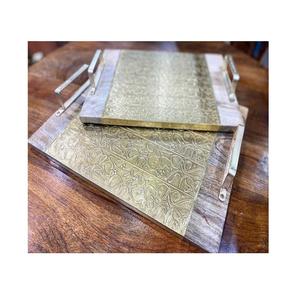 Juego de 2 bandejas de servir islámicas de madera y metal de diferentes tamaños para servir chocolates y aperitivos a los precios más bajos - Product Image 1