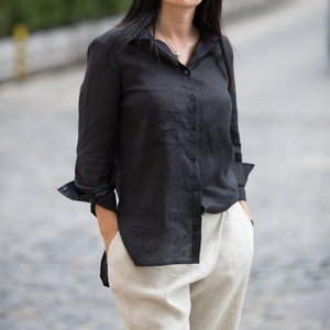 Vestido Formal de Lino para Mujer, Moderno, de Última Moda, en Tela Crepé, Color Negro, con Cuello Camisero, Largo hasta el Suelo, de Manga Larga, para Verano - Product Image 1