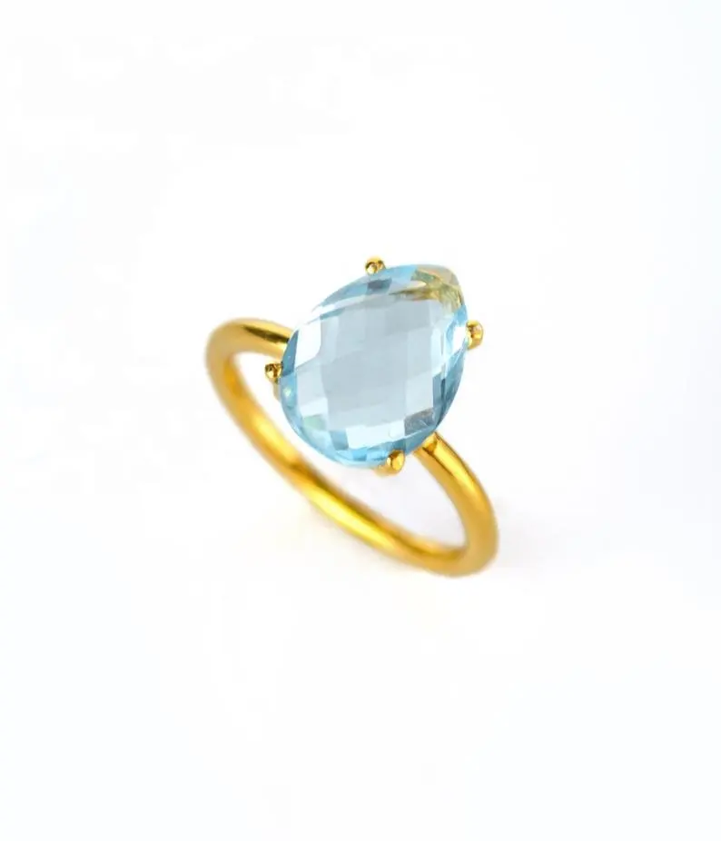 Blue Topaz Hydro Beautiful Simple Gemstone Gold Plated Handmade Minimal Attractive Rings