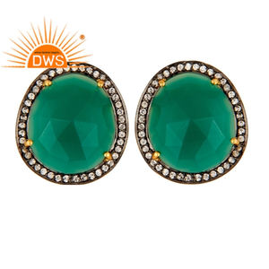Zircon Green And <b>Onyx</b> Gemstone <b>Earrings</b> Solid 925 Sterling Silver Gold Plated Designer Stud <b>Earrings</b> Jewelry Wholesaler - Product Image 1