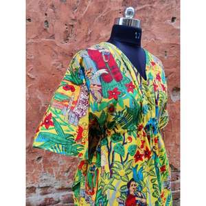 Soft Comfortable Yellow Floral Hand Block Print Kaftan <b>Dress</b> Tunic Loose Beach Wear Indian Maxi Gown Lace Woven Cotton Wholesale - Product Image 3