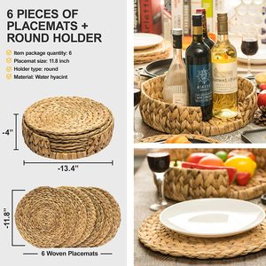 Tapis de table ronds tissés en jacinthe d'eau et sous-verres Style vintage couleur naturelle 25/30/35cm tailles vaisselle de cuisine pour le dîner - Product Image 2