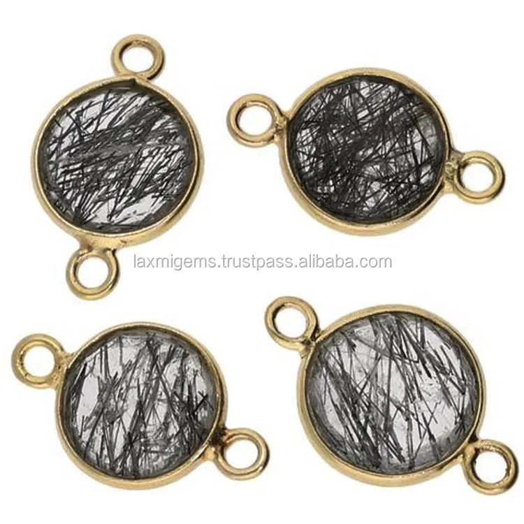 'Black Rutile Faceted Round Shape 925 Silver Bezel Setting Charm Connectors Jewelry Part