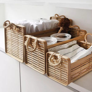 Oneup — ensemble de 3 paniers de rangement en bambou naturel, panier rectangulaire, avec poignées pour la décoration de la maison, artisanal, fait à la main - Product Image 6