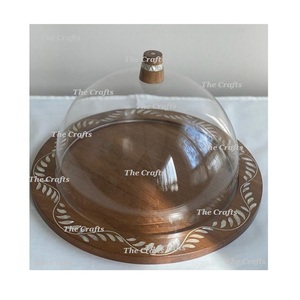 Plateau de service rond de haute qualité pour bonbons avec dôme en verre, plateau de service alimentaire en bois avec couvercle - Product Image 1