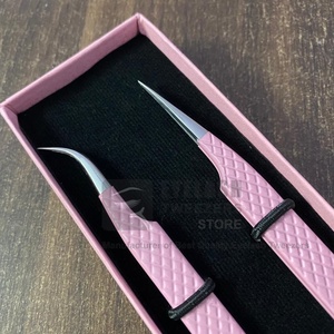 Pince à épiler professionnelle d'extension de cils rose clair poignée en diamant durable cils incurvés droits en acier inoxydable pointus privé - Product Image 5