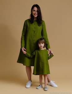 Robe en lin tendance 2026, couleur verte, col rond, tissu crêpe, manches longues, longueur genou, pour femmes sexy - Product Image 3