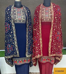 Georgette — costume de guerre indien composé de 2 pièces, coupe droite Kurti, palazzo avec broderie, style Salwar indien dupatta, exportation royale - Product Image 3