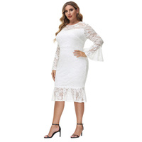 Robe crayon en dentelle à volants pour femmes, manches longues, col ras du cou, grande taille
