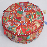 Nouveauté 2022 Pouf Ottoman Traditionnel Bohème en Coton Brodé Patchwork pour Salon, Tissu Antique Commerce Équitable