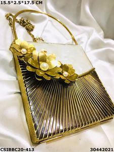 Designer Handcrafted Luxury Brass MOP <b>Clutch</b> Purse Evening <b>Wedding</b> Mother of Pearl Party <b>Bags</b> with Stone Pattern - Product Image 5