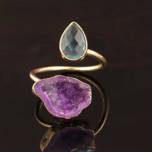 <b>Hot</b> Selling Faceted Cut Sky Blue Quartz & Purple Geode Druzy Rings Gold/silver Plated Open Finger Double <b>Stone</b> Adjustable Rings - Product Image 3