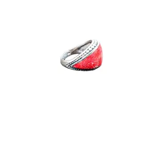 KA-R006-Sterling Dotted Slim Ring With Coral Color Inlay Sterling Silver Ring Mens Womens Gift