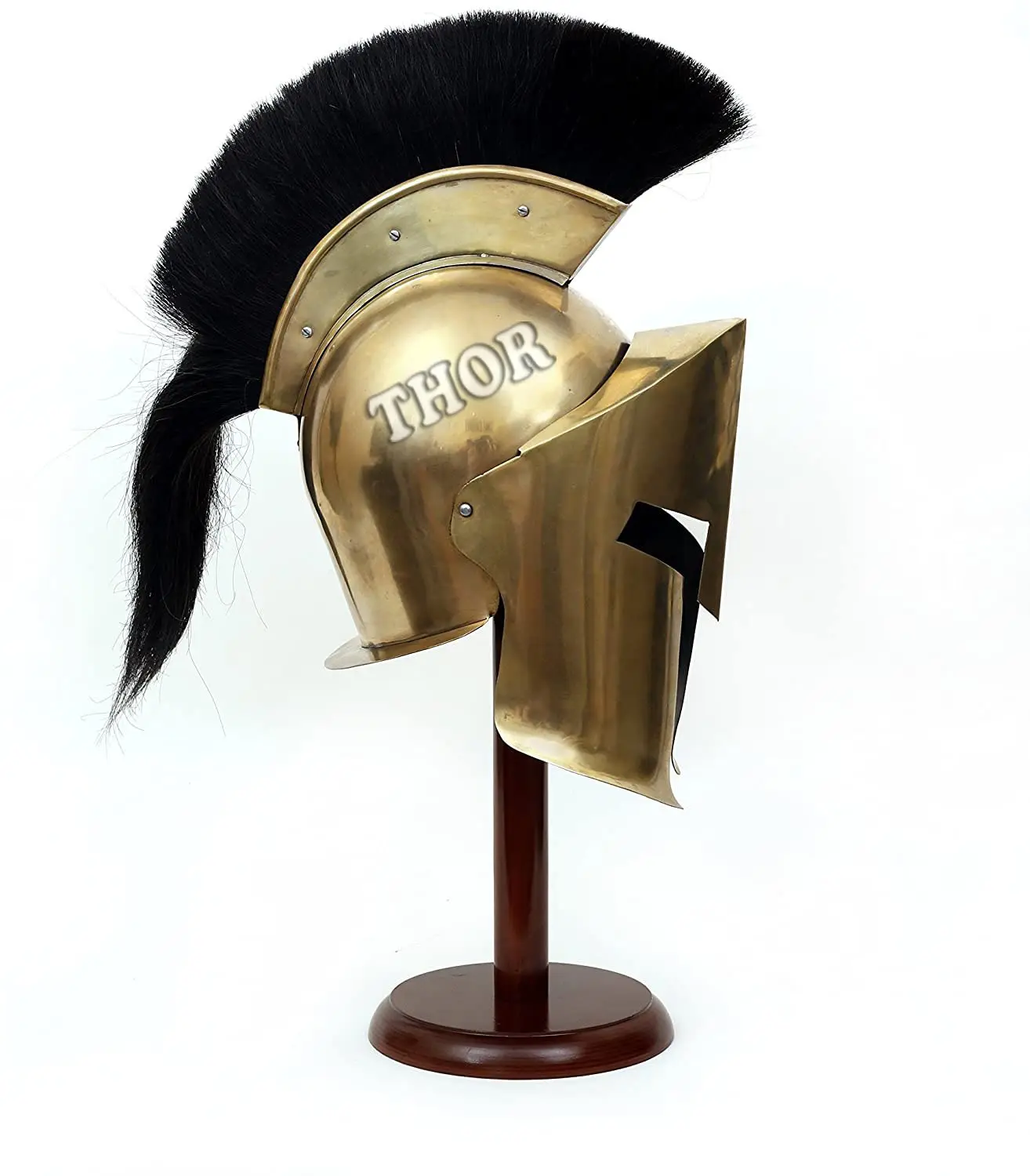 Medieval Spartan Helmet 300 King Leonidas Armor Roman Helmet with Black Wooden Stand Black Plume Antique Polished