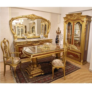 Muebles de comedor de madera de teca de calidad real, mueble de comedor dorado de alto brillo, elegante y tallado en oro - Product Image 1