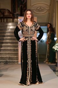 NEW MODERN BEAUTIFUL EMBROIDERY of DABKA, CRYSTAL BEADS,GLASS STONE WORK on BLACK VELVET CAFTAN WITH TRAIL BRIDAL DRESS @ 2022 - Product Image 2