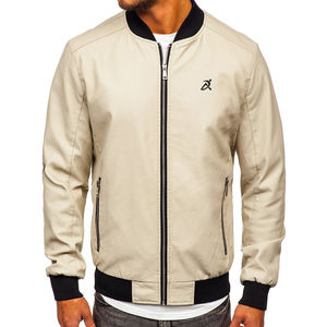 Chaqueta de bombardero de cuero de poliéster 100% personalizada para hombre, beige con cuello levantado acanalado, piel de vaca para el invierno - Product Image 2