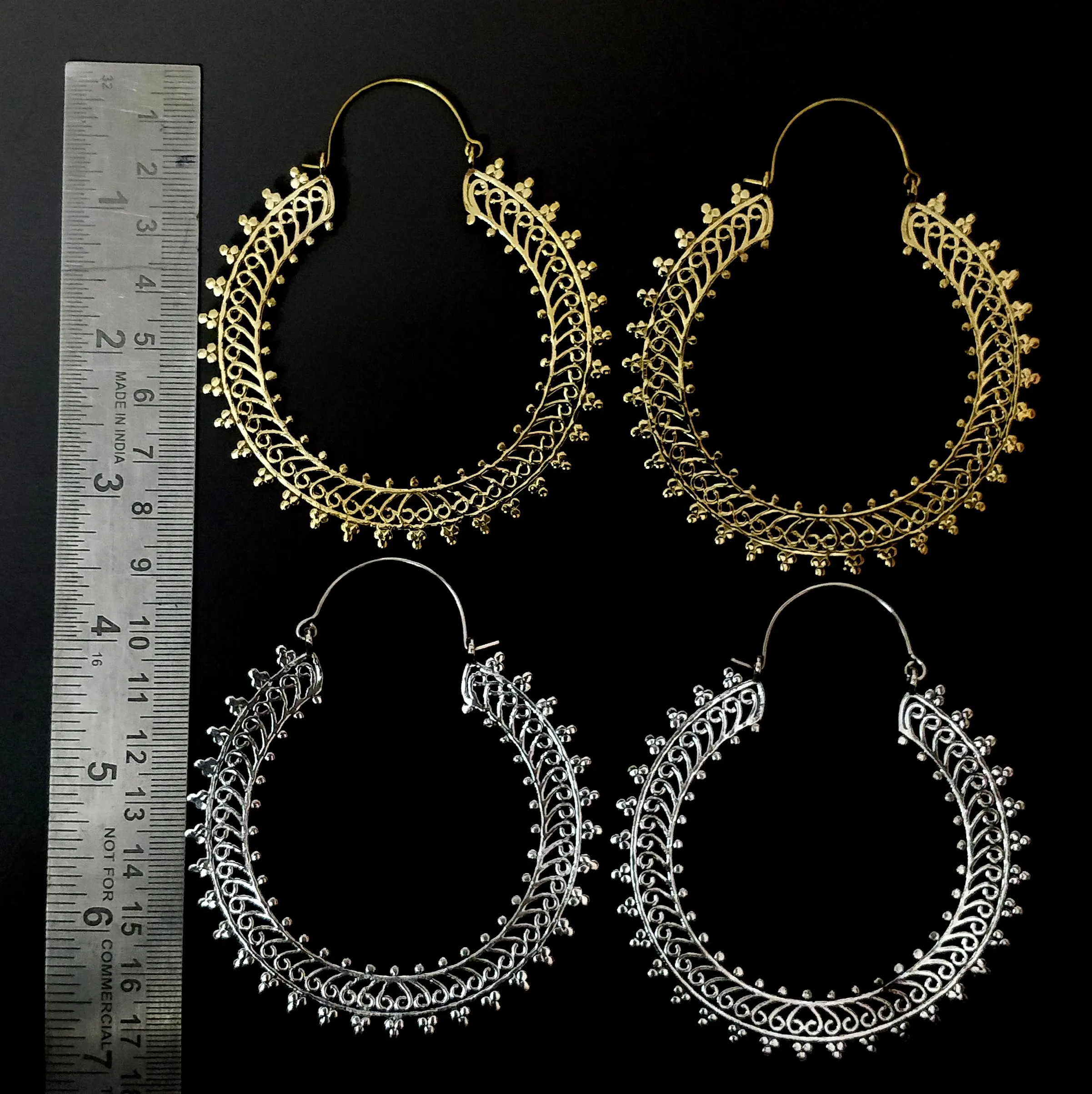 Boho Hoop Earrings Unique Indian Tribal Brass & Silver Large Spiral Earrings Ethnic Gypsy Style Handmade Statement Jewelry