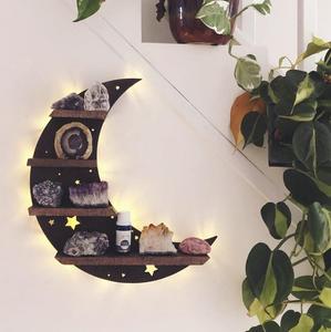 Crystal Wall Mounted Moon Shelf Wooden Floating Shelves Hanging Storage Display Shelf Wall Decor For Living Room Bedroom