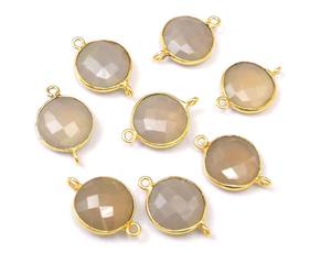 18K Gold Plated Sterling Silver Gray Chalcedony Round Faceted Double Bail Gemstone Bezel Connector Jewelry Making Components - Product Image 3