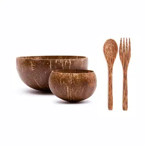 Оптовая продажа, натуральные полированные оригинальные деревянные салатники ручной работы, наборы чаш из кокосовой скорлупы с ложкой и вилкой