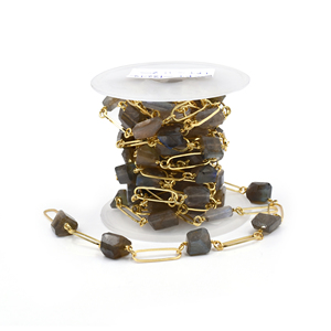 Labradorite Nuggets Rosary Chain 10–12mm Brass 18K Gold Plated <b>Wire</b> Wrapped Gemstone Chain Sold by Foot for Jewelry Making - Product Image 3