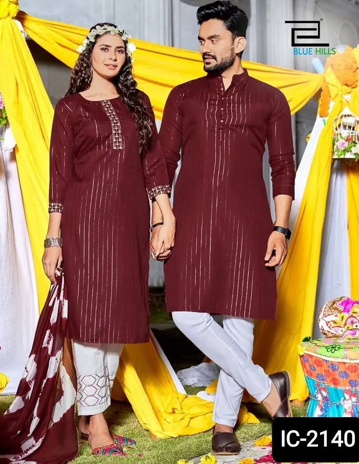 Indische pakistani sche Hochzeit Rayon Paar Kurti für Damen und Herren Schwere Stickerei Arbeit mit ausgefallenen Chiffon Shiburi Print Dupatta