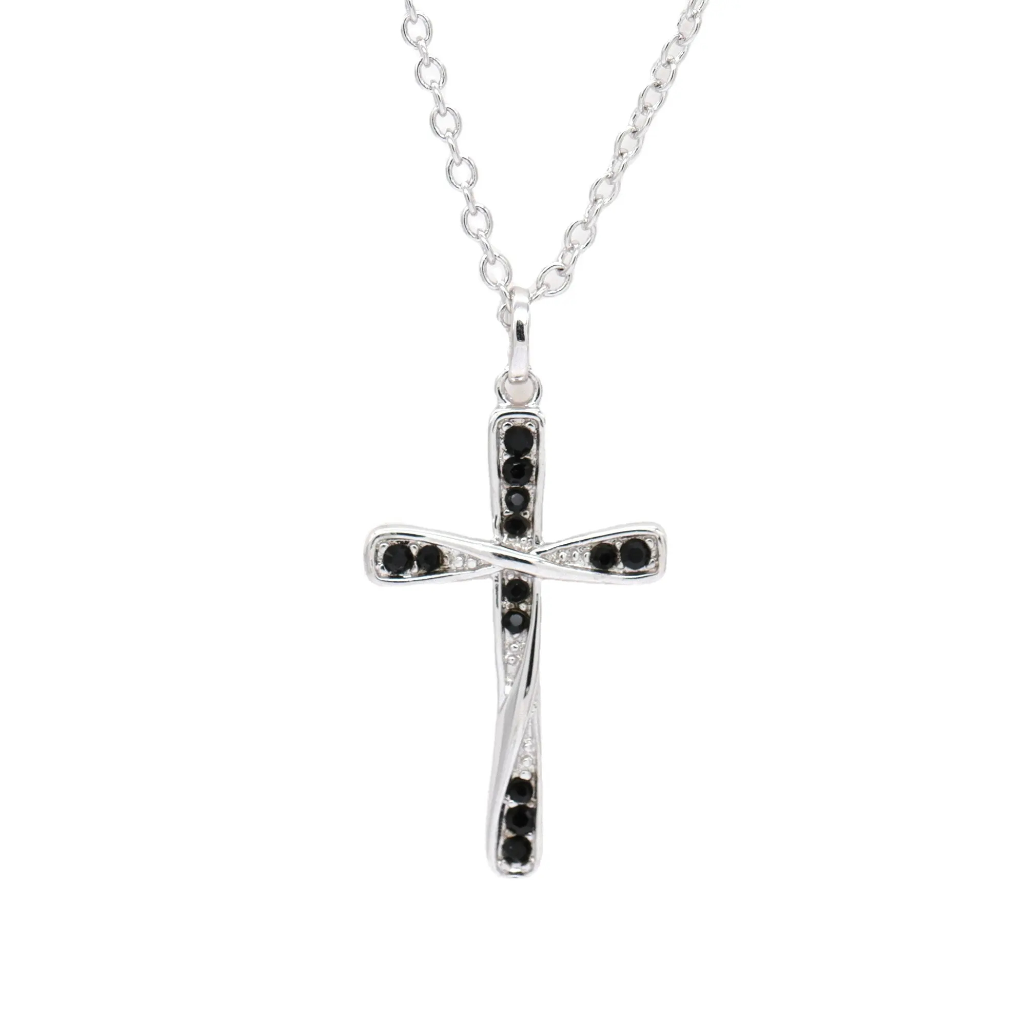 Silver Color Rhodium Plated Necklace Black Stone Cross Brass Necklace Cross Pendant Jewelry Men Women