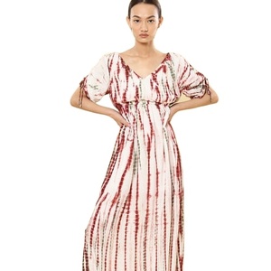 Vestido de caftán de rayón Tie-Dye hecho a mano Ropa de Playa Larga Bohemia con escote en V Mangas largas Hasta el suelo con cintura natural - Product Image 1