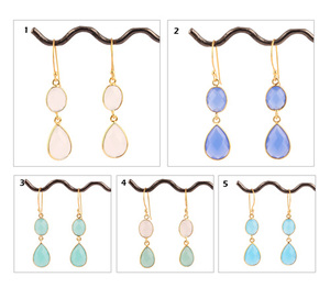 Pendientes colgantes de doble piedra, ovalados, de calcedonia blanca, conjunto de bisel chapado en oro, pendientes colgantes de alambre para la oreja, regalo - Product Image 2