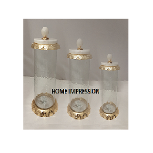 Recién llegado, lujo, gancy, decoración del hogar, diseño elegante, recipiente de lujo de vidrio metálico con hojas decorativas y tapa de mármol - Product Image 4