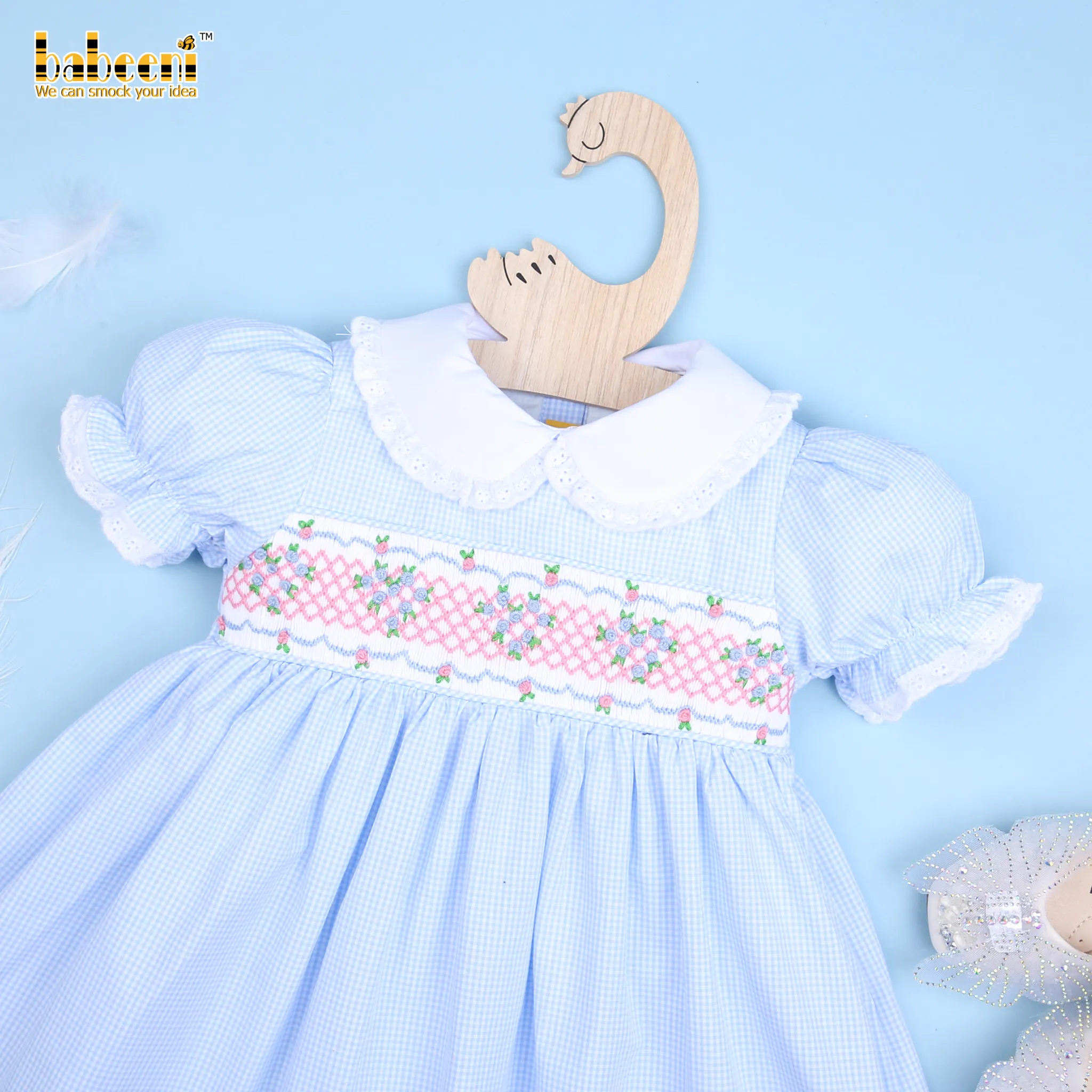 Geometrik fırfır bebek elbise OEM ODM çocuk önlük elbise özelleştirilmiş el yapımı nakış toptan üretici-BB2448