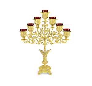 Candelabro de latón de cinco brazos, soporte de vela de estilo rojo, suministros de Iglesia, Brassworld, India - Product Image 2