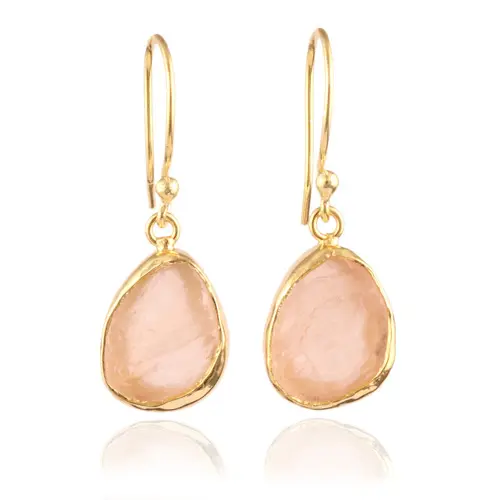 Trendy hot sale natural rough rose quartz earring party wear january birthstone earring gold plated handmade women drop earring