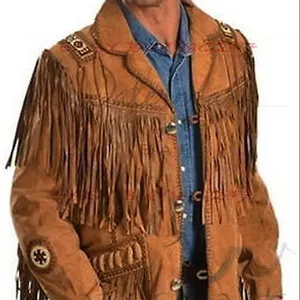 Chaqueta de cuero estilo Cowboy occidental para hombre, abrigo tradicional con flecos