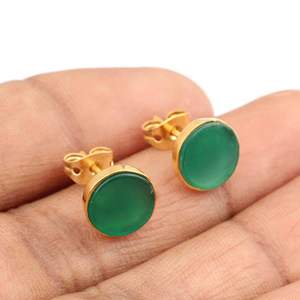 STUD011 9mm <b>Green</b> Onyx 925 Sterling Silver Stud <b>Earring</b> Gold Plated Lightweight Fine Jewelry for Women for Anniversary Gift - Product Image 2
