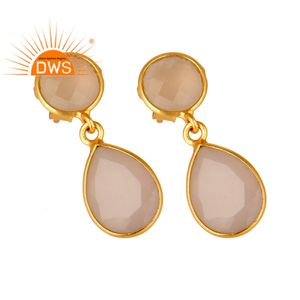 Set de boucles d'oreilles pendantes en argent plaqué or 18k, boucles d'oreilles goutte, fournisseur de bijoux, éléments en pierre précieuse de calcédoine Rose, vente en gros - Product Image 2