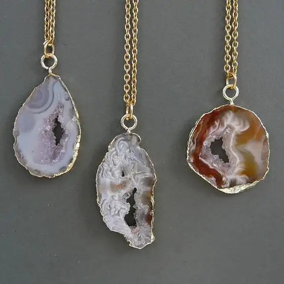 Kalung liontin dilapisi batu akik alami Slice Druzy untuk wanita hadiah untuk dia obral batu unik produsen perhiasan perak