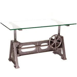 工业世纪中叶铸铁高度可调餐桌，带玻璃顶部手工散装产品