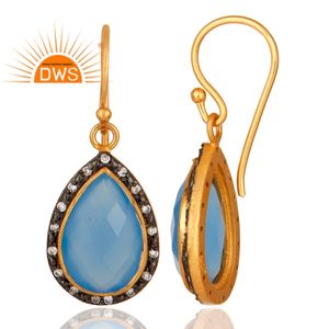 Pear Shape Faceted Blue Chalcedony Gemstone Set Gold Plated Silver Designer Dangle Earrings Jewelry Wholesale - Product Image 3