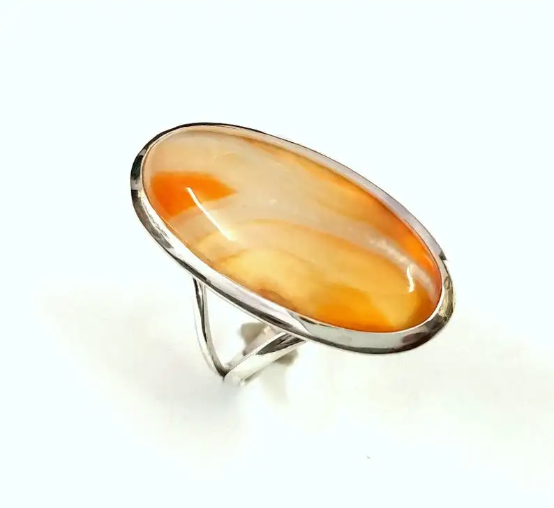 Кольцо из серебра 925 пробы с натуральным кабошоном овальной формы, с оранжевым агатом, ручная работа