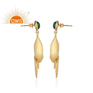 Leaf Deign 18k Gold Plated 925 Sterling <b>Silver</b> <b>Dangle</b> <b>Earrings</b> Jewelry India Natural Round Cut Green Onyx Gemstone Drop <b>Earrings</b> - Product Image 3