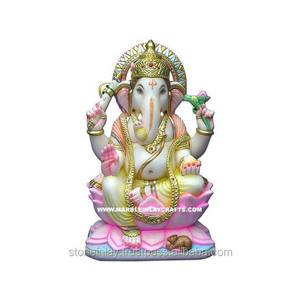 Fabricant indien de statues de Ganesh en marbre blanc coloré, faites à la main, avec une main bénie, en position assise sur un lotus, pour temple - Product Image 1